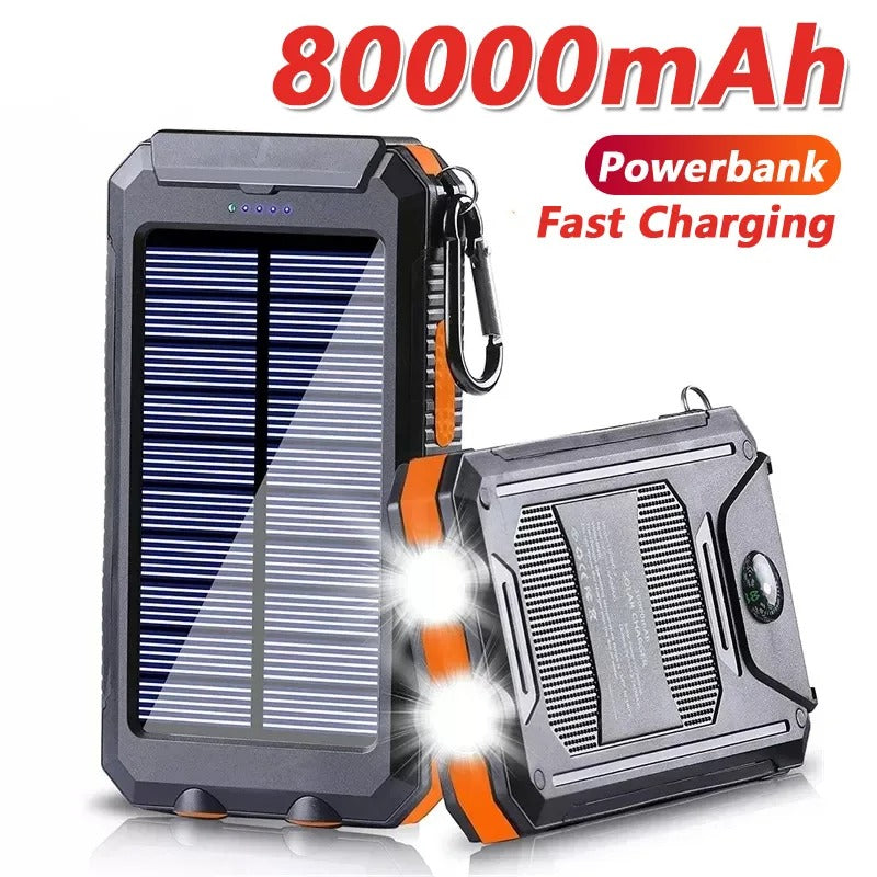 Solar Power Bank 80000mAh – Waterproof Portable Charger with Dual Flashlight & Compass