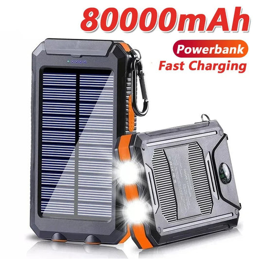 Solar Power Bank 80000mAh – Waterproof Portable Charger with Dual Flashlight & Compass