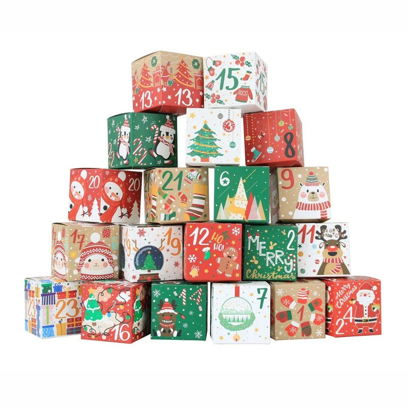 24pcs/set Christmas Advent Calendar Box Kraft Paper Candy Box 24 Days