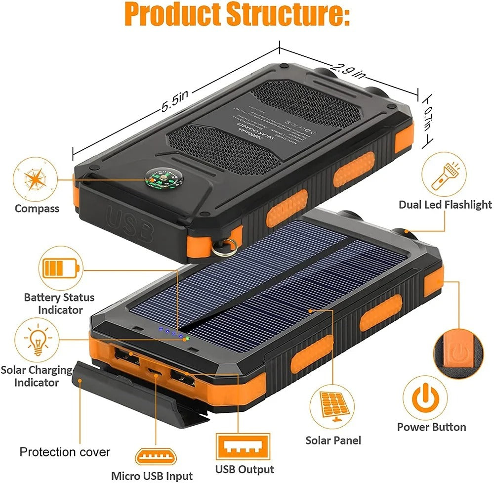 Solar Power Bank 80000mAh – Waterproof Portable Charger with Dual Flashlight & Compass